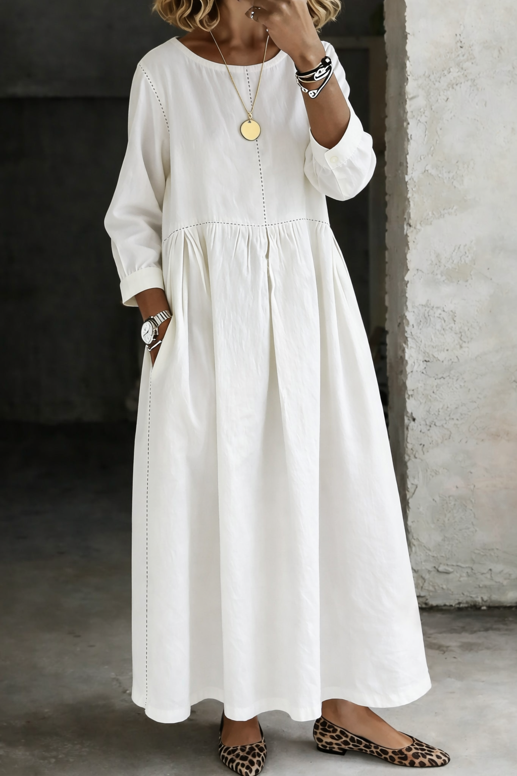 Long Sleeve Denim Dress with Round Neckline and Structured Fit