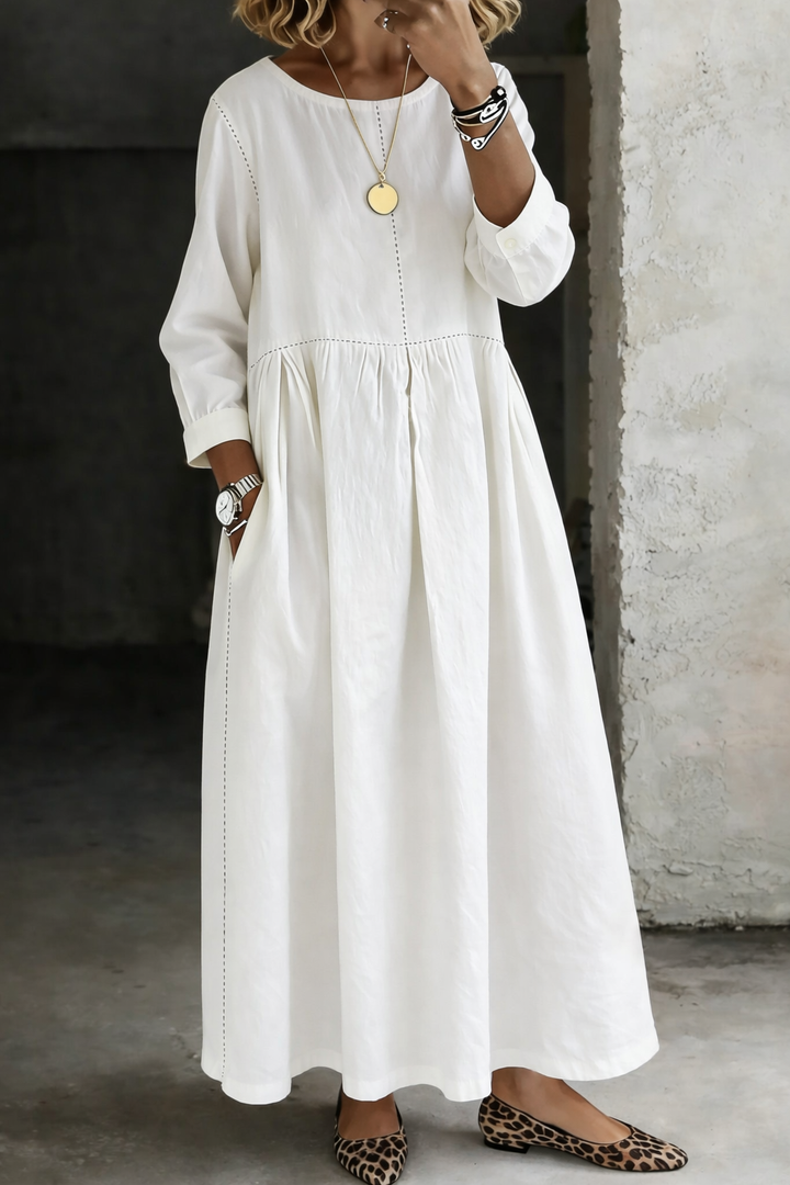 Long Sleeve Denim Dress with Round Neckline and Structured Fit