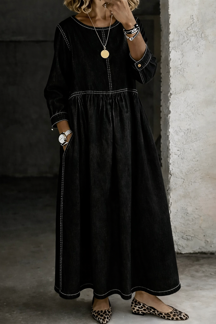 Long Sleeve Denim Dress with Round Neckline and Structured Fit