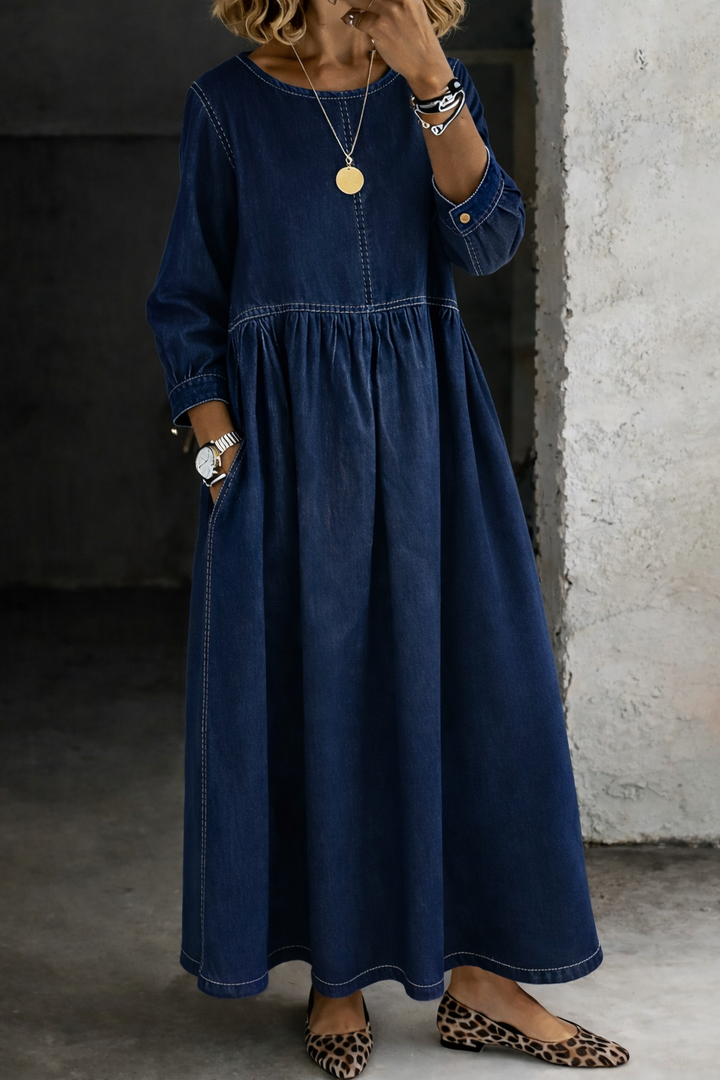 Long Sleeve Denim Dress with Round Neckline and Structured Fit