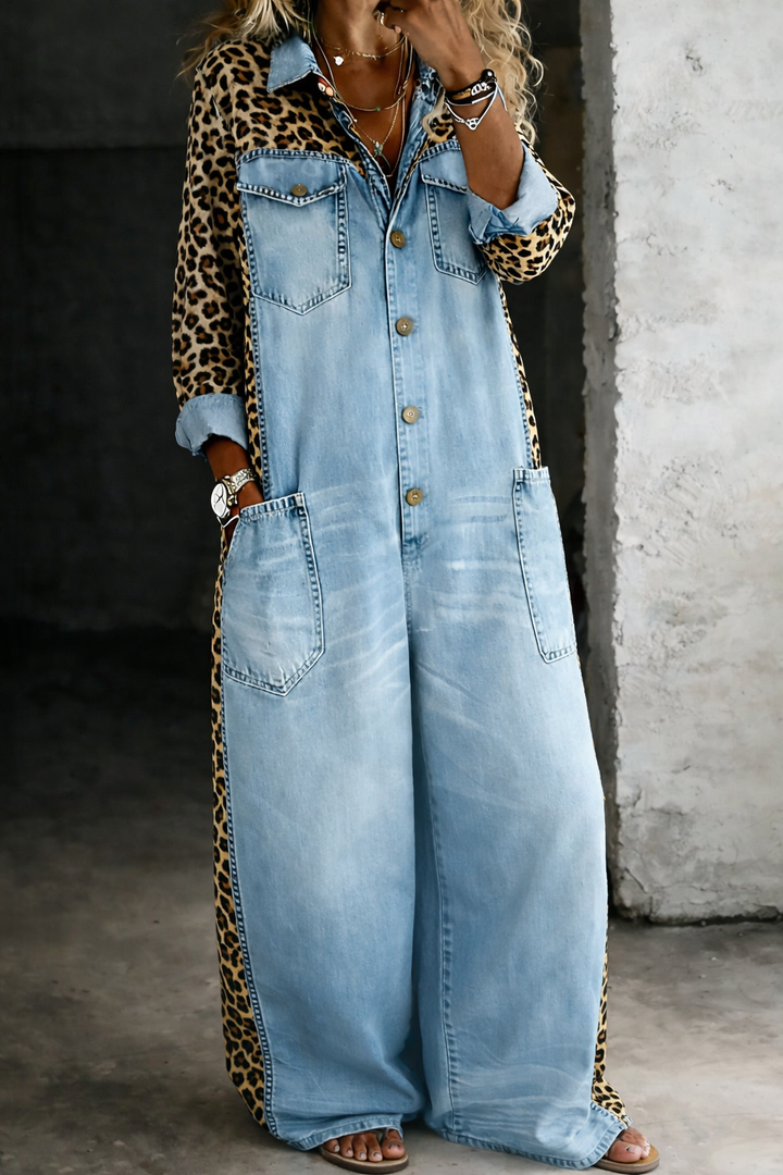 Denim Jumpsuit with Relaxed Fit and Patch Pockets, Ankle-Length