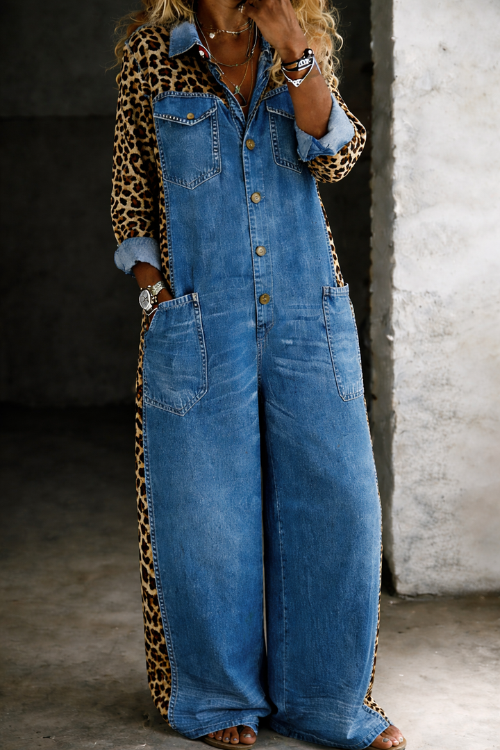 Denim Jumpsuit with Relaxed Fit and Patch Pockets, Ankle-Length