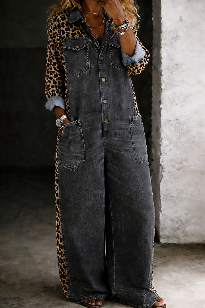 Denim Jumpsuit with Relaxed Fit and Patch Pockets, Ankle-Length