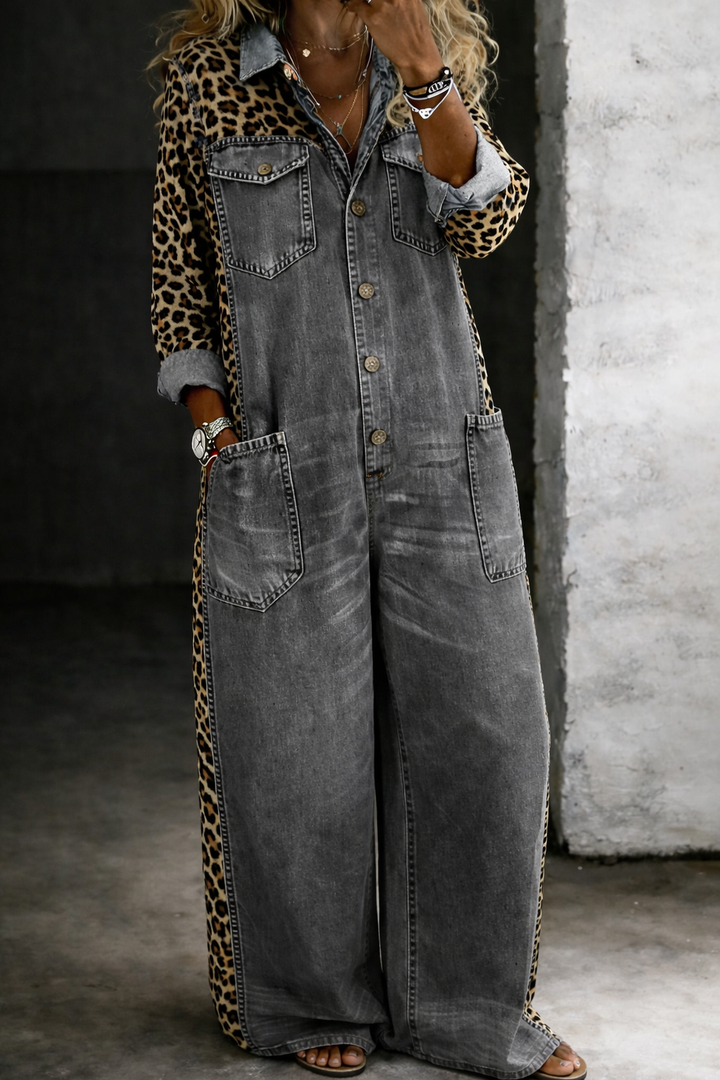 Denim Jumpsuit with Relaxed Fit and Patch Pockets, Ankle-Length