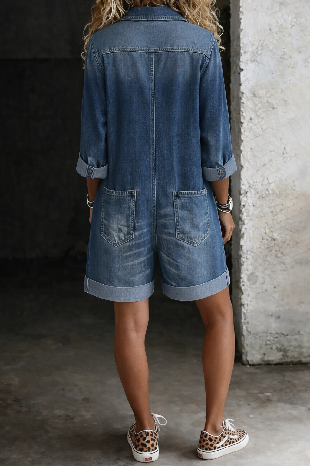 Casual Denim Jumpsuit Shorts with Patch Pockets and Cropped Legs