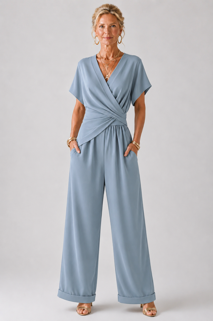 Wrap-Front Top and Cropped Pants Set with Breathable Fabric