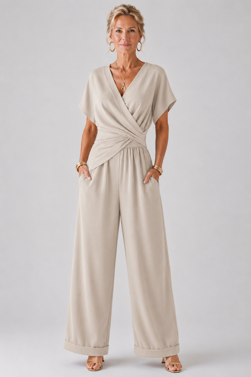 Wrap-Front Top and Cropped Pants Set with Breathable Fabric