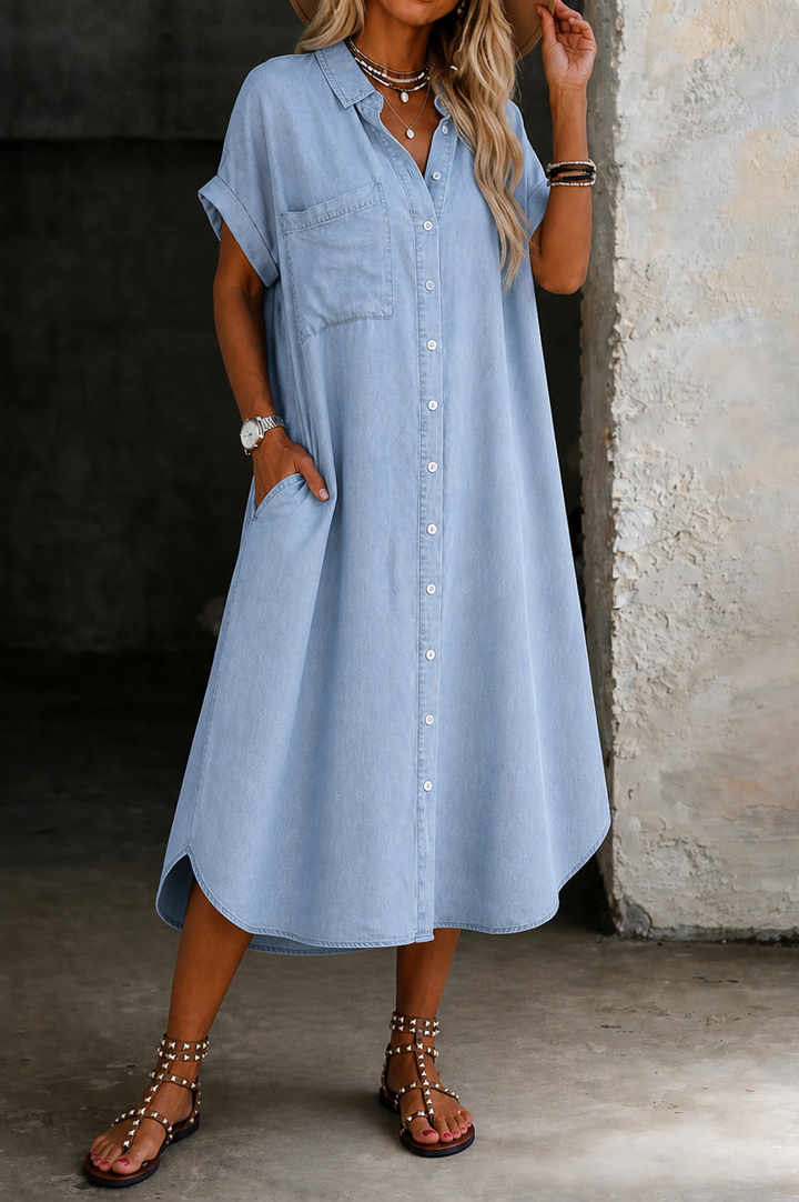 Relaxed Denim Shirt Dress with Stretch Fabric and Breathable Construction