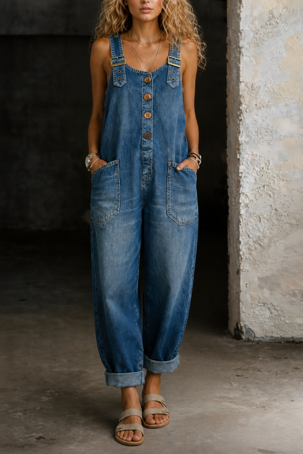 Denim Overall Jumpsuit with Adjustable Straps and Wide Leg Design, Functional Pockets