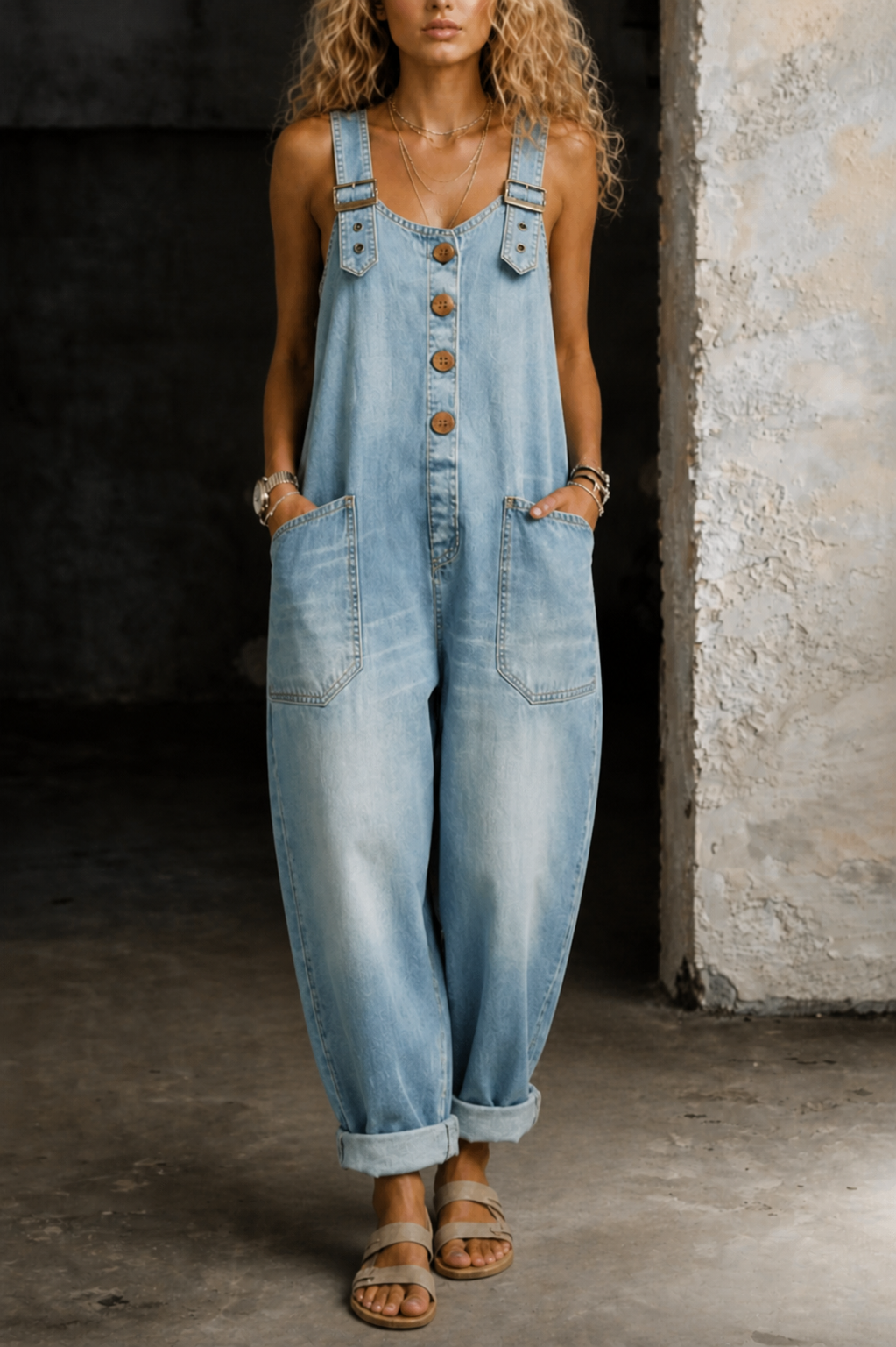Denim Overall Jumpsuit with Adjustable Straps and Wide Leg Design, Functional Pockets