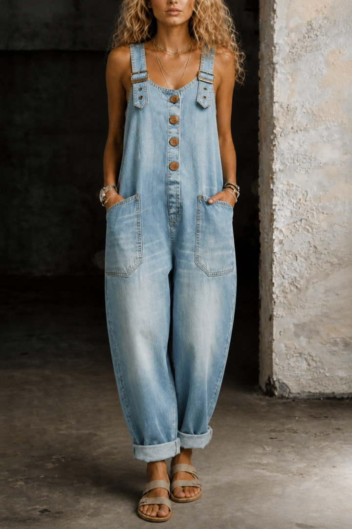 Denim Overall Jumpsuit with Adjustable Straps and Wide Leg Design, Functional Pockets