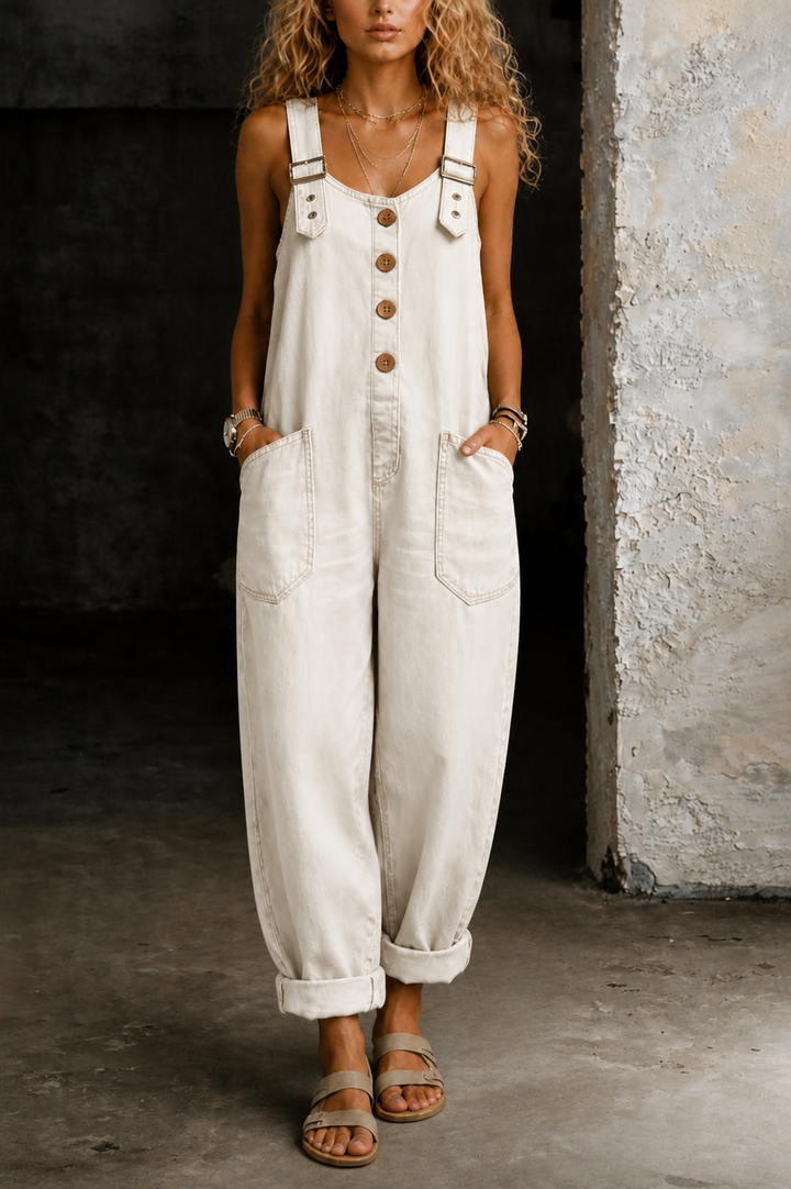 Denim Overall Jumpsuit with Adjustable Straps and Wide Leg Design, Functional Pockets