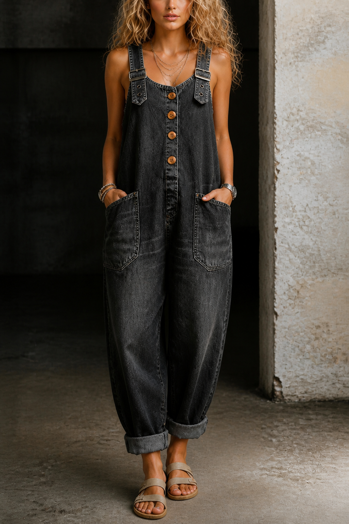 Denim Overall Jumpsuit with Adjustable Straps and Wide Leg Design, Functional Pockets