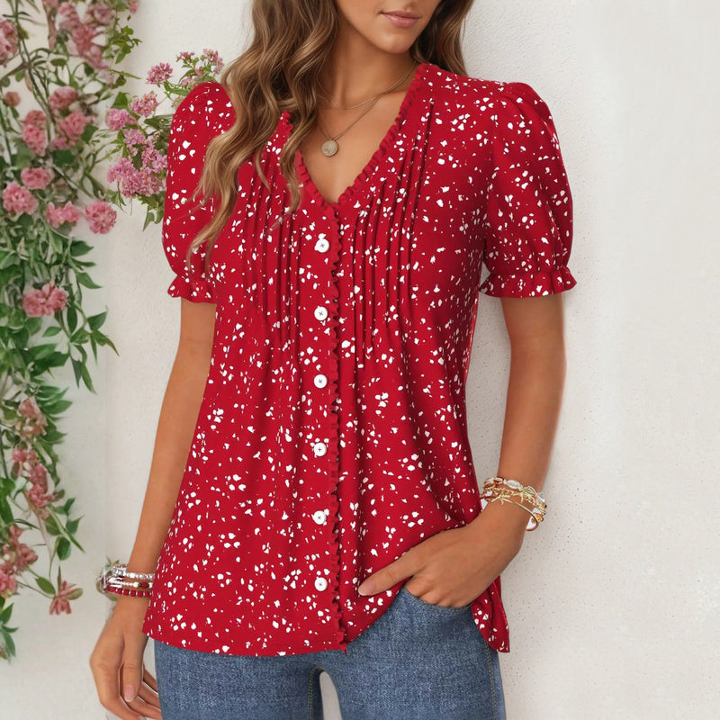 Short Sleeve Polka Dot Blouse with V-Neckline and Button Front