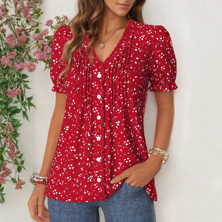 Short Sleeve Polka Dot Blouse with V-Neckline and Button Front