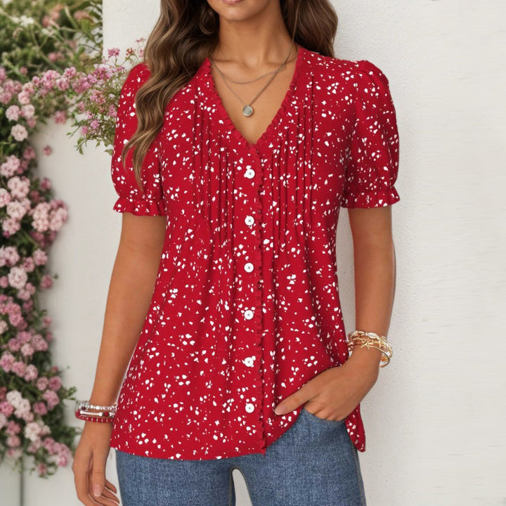 Short Sleeve Polka Dot Blouse with V-Neckline and Button Front