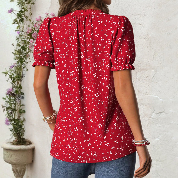 Short Sleeve Polka Dot Blouse with V-Neckline and Button Front