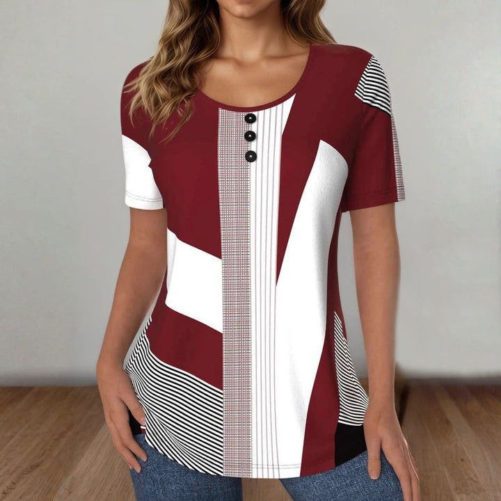 Striped Short Sleeve Top with Button Details and Cotton-Polyester Blend