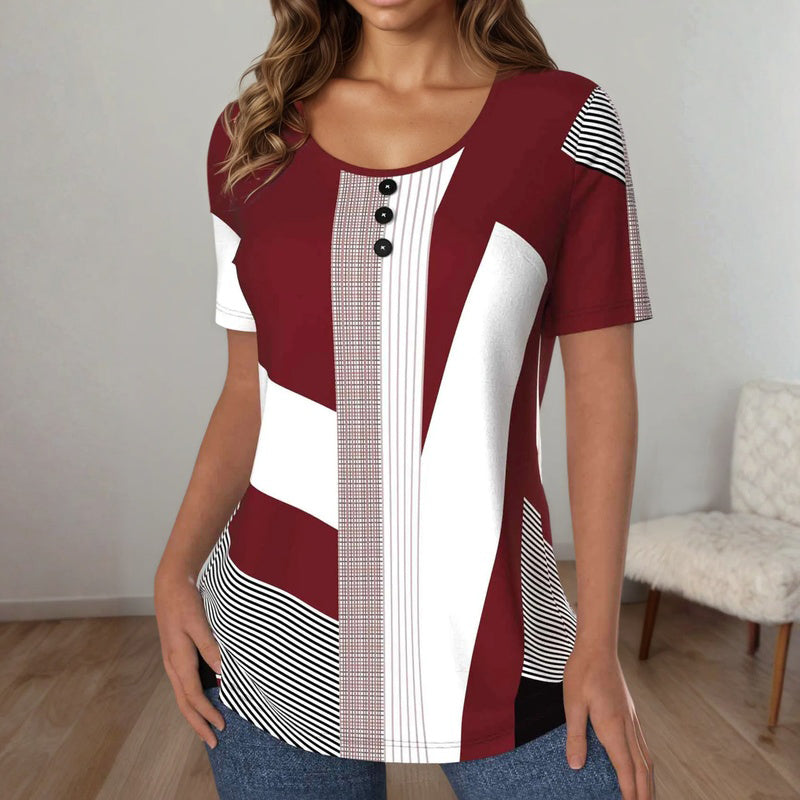 Striped Short Sleeve Top with Button Details and Cotton-Polyester Blend