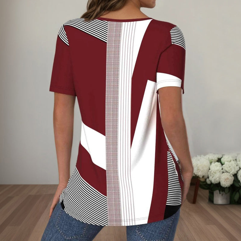 Striped Short Sleeve Top with Button Details and Cotton-Polyester Blend