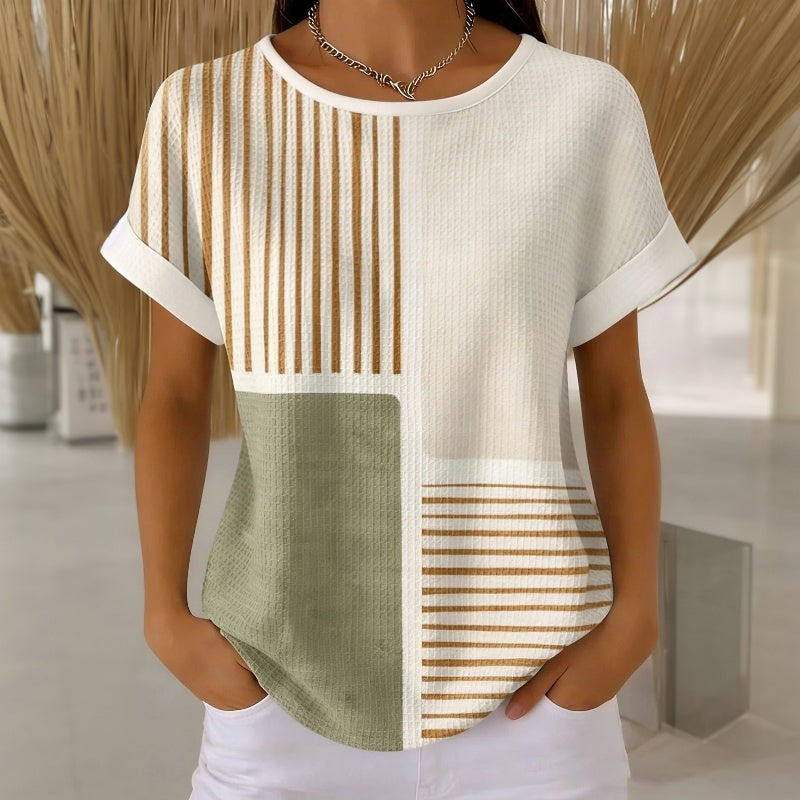 Striped Short Sleeve T-Shirt with Round Neckline, Cotton-Polyester Blend