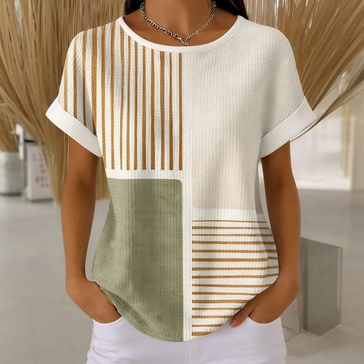 Striped Short Sleeve T-Shirt with Round Neckline, Cotton-Polyester Blend