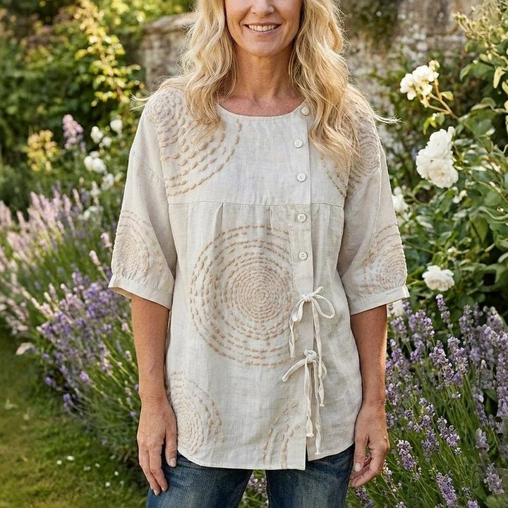 Printed Half Sleeve Top with Lace-Up Detail and Button Closure