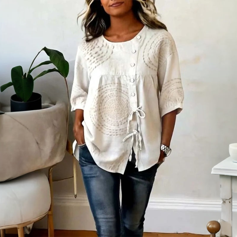 Printed Half Sleeve Top with Lace-Up Detail and Button Closure