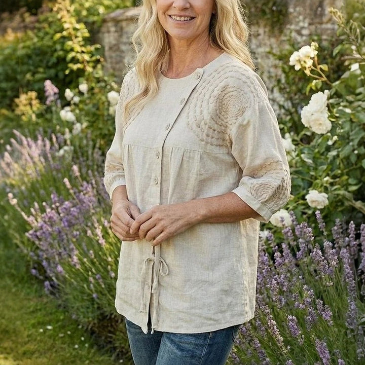 Printed Half Sleeve Top with Lace-Up Detail and Button Closure
