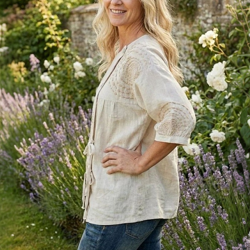 Printed Half Sleeve Top with Lace-Up Detail and Button Closure