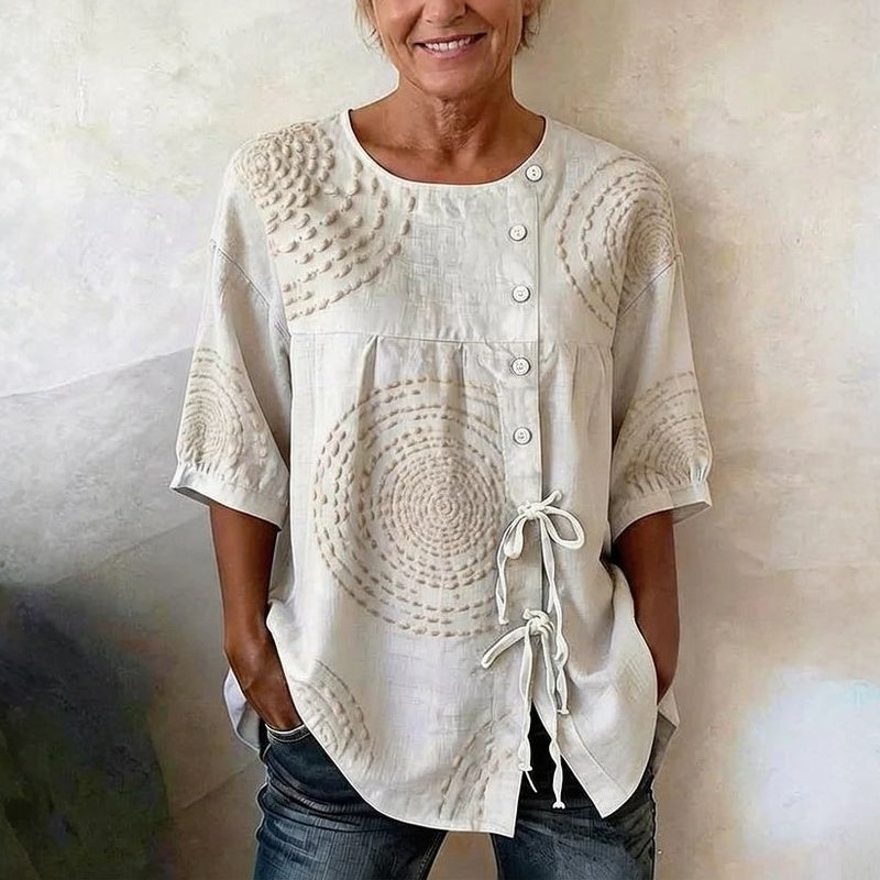 Printed Half Sleeve Top with Lace-Up Detail and Button Closure