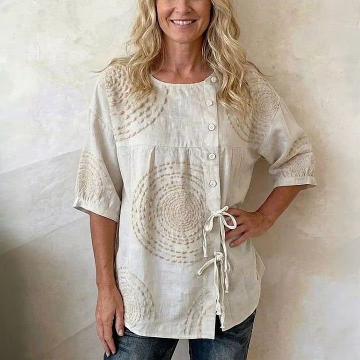 Printed Half Sleeve Top with Lace-Up Detail and Button Closure