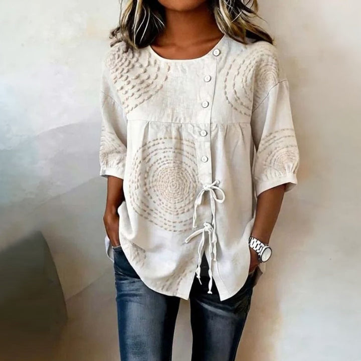 Printed Half Sleeve Top with Lace-Up Detail and Button Closure
