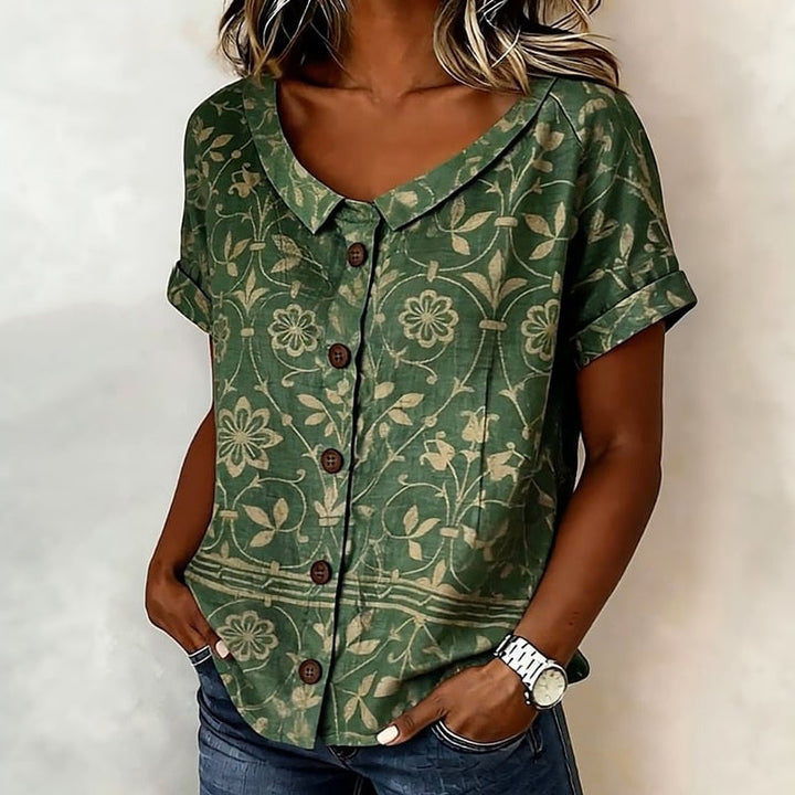 Floral Print Short Sleeve Shirt with Turn-Down Collar and Button Closure