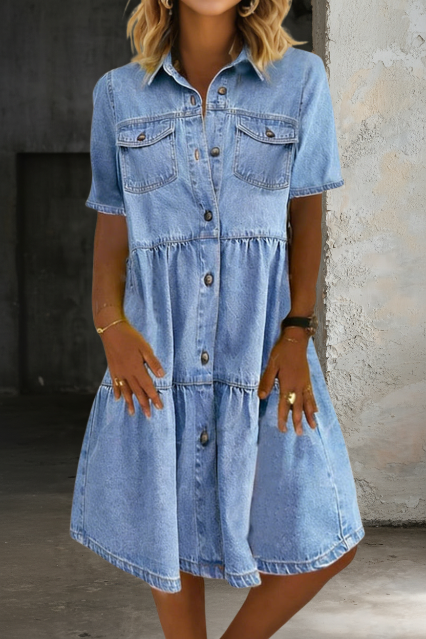 Relaxed Denim Midi Dress with Stretch Blend and Machine Washable Care