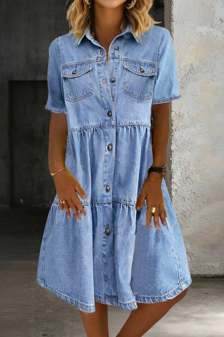 Relaxed Denim Midi Dress with Stretch Blend and Machine Washable Care