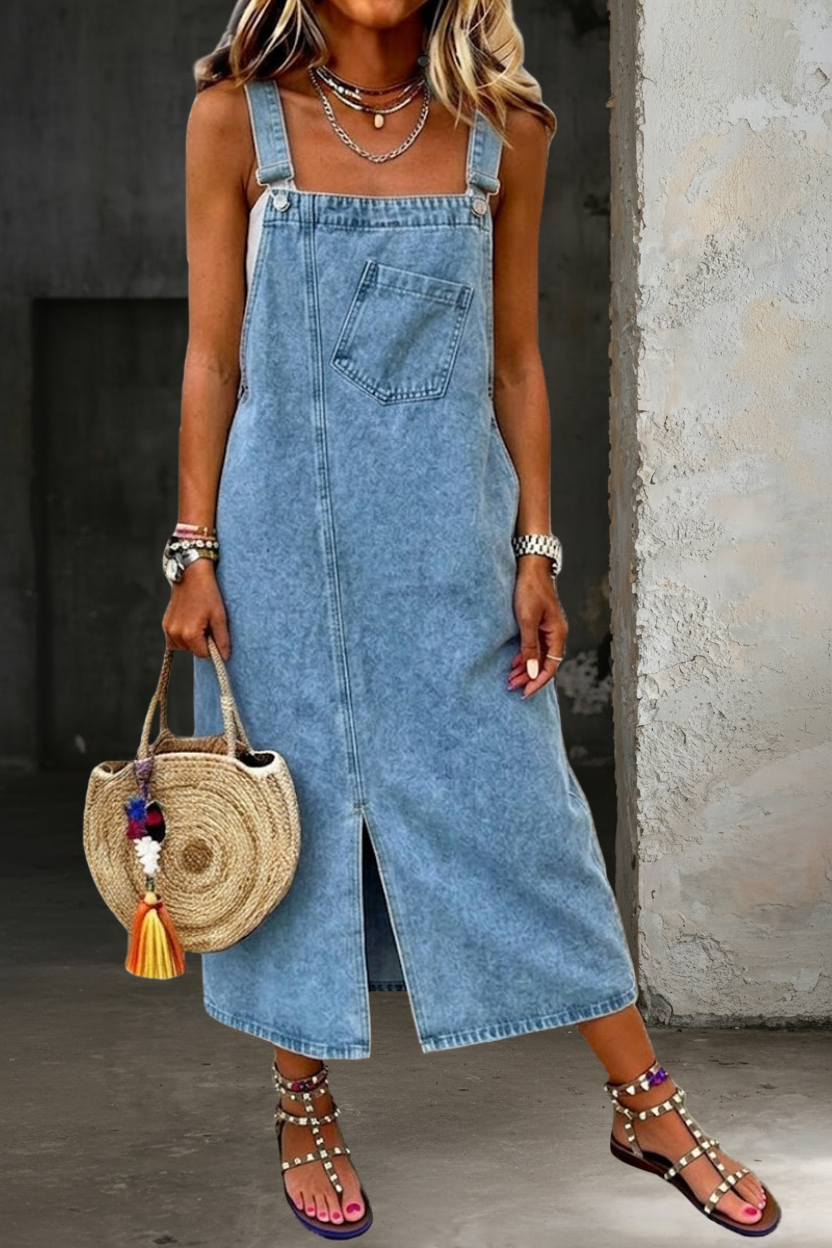 Women's Denim Jumper Dress with Stretch Fabric and Relaxed Fit