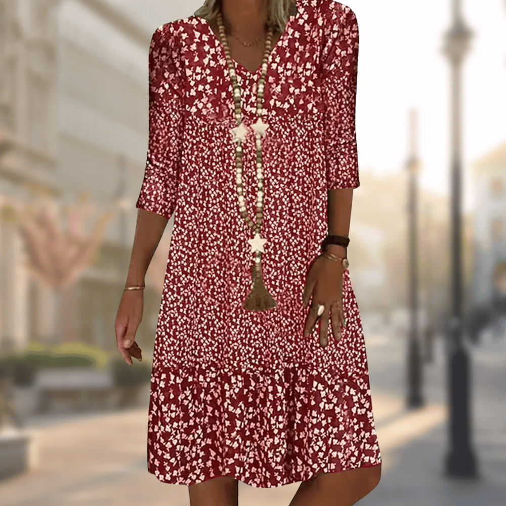 Floral Midi Dress with V-Neckline and Flowing Silhouette, Breathable Blend