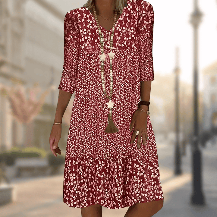 Floral Midi Dress with V-Neckline and Flowing Silhouette, Breathable Blend