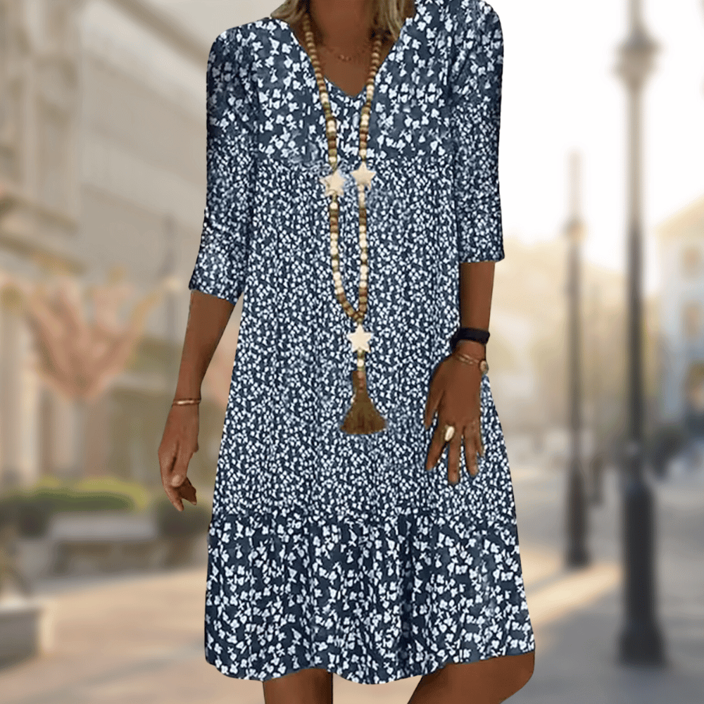 Floral Midi Dress with V-Neckline and Flowing Silhouette, Breathable Blend