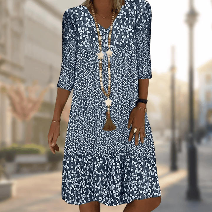 Floral Midi Dress with V-Neckline and Flowing Silhouette, Breathable Blend