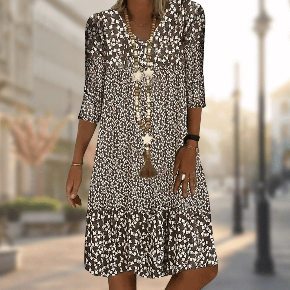 Floral Midi Dress with V-Neckline and Flowing Silhouette, Breathable Blend