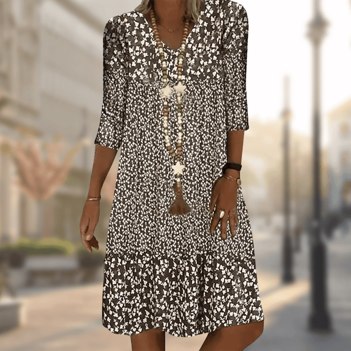 Floral Midi Dress with V-Neckline and Flowing Silhouette, Breathable Blend
