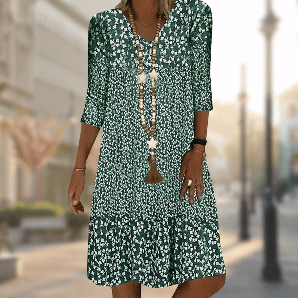 Floral Midi Dress with V-Neckline and Flowing Silhouette, Breathable Blend