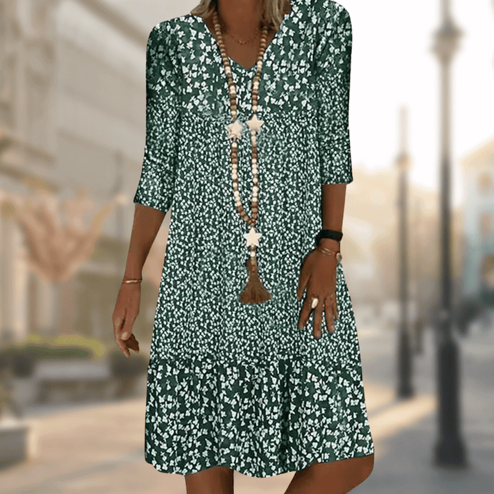 Floral Midi Dress with V-Neckline and Flowing Silhouette, Breathable Blend
