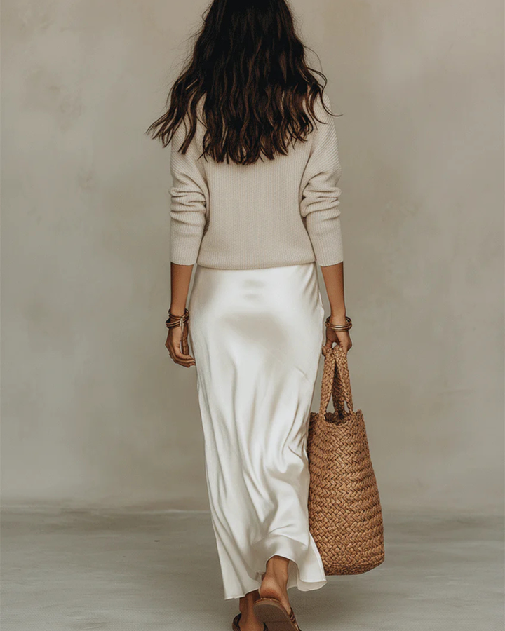 Satin Midi Dress with Coordinating Sweater and Natural Drape
