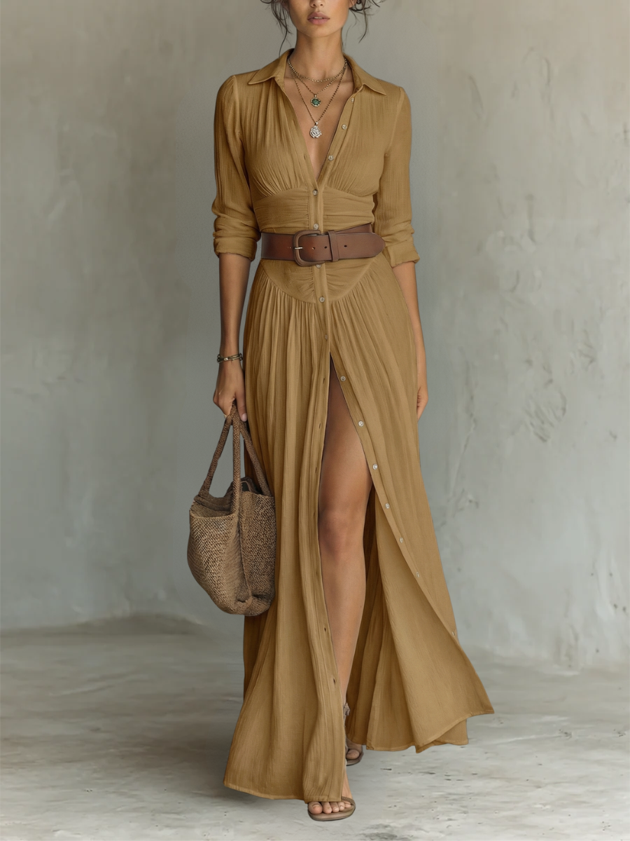 Women's Pleated Maxi Dress with Notched Collar and Button Front