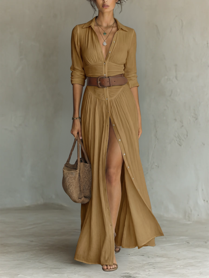 Pleated Maxi Dress with Notched Collar and Long Sleeves for Women
