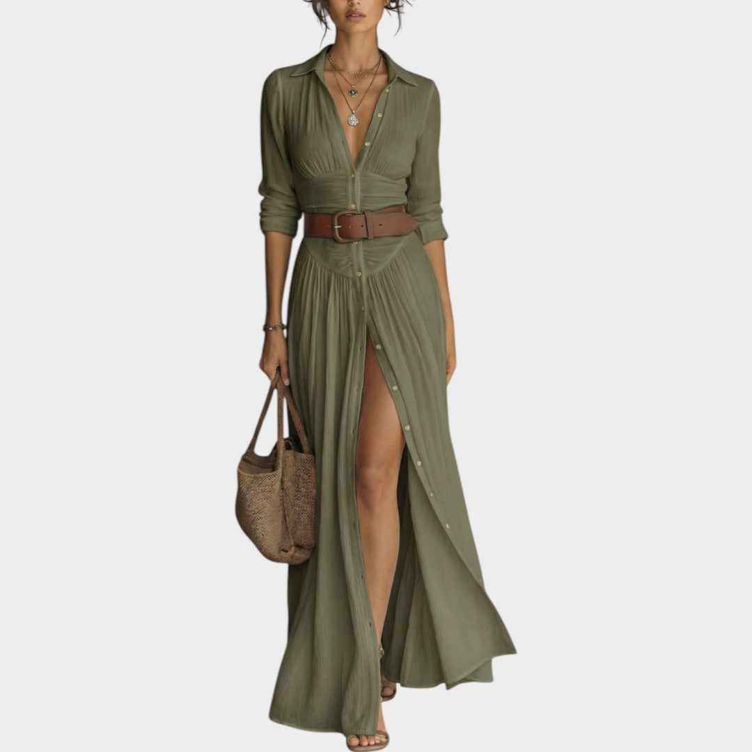 Collared Button-Front Maxi Dress with Adjustable Tie Belt