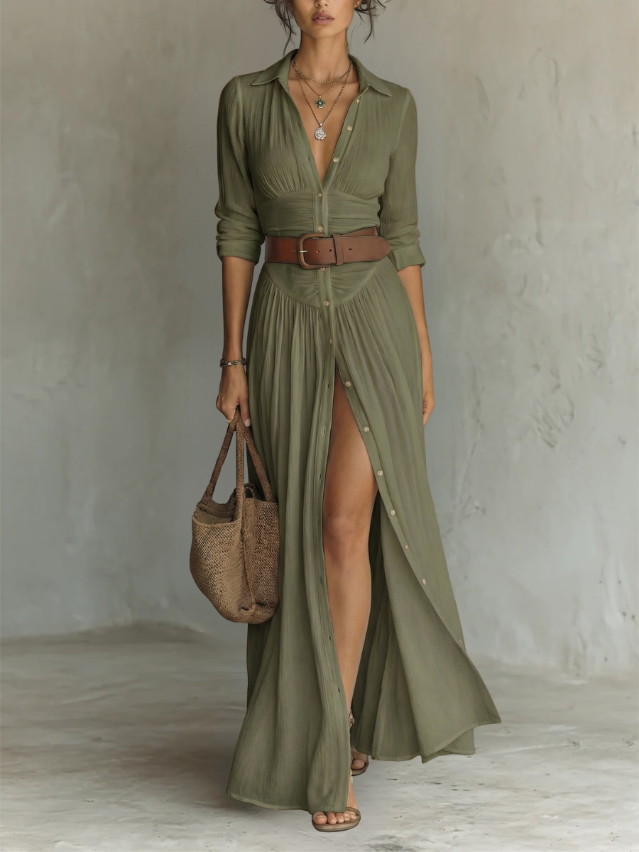 Pleated Maxi Dress with Notched Collar and Long Sleeves for Women